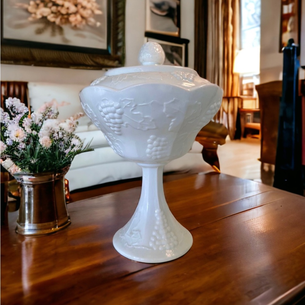 Milk Glass Harvest Grape Design Candy Dish/Compote